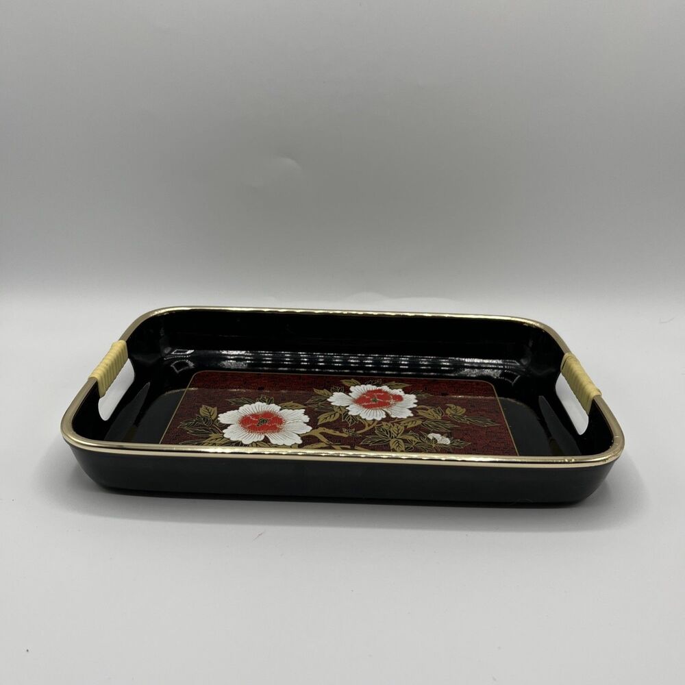 VINTAGE JAPANESE BLACK LACQUER TRAY PEONY FLOWERS GOLD RED WHITE SPARKLE FINISH